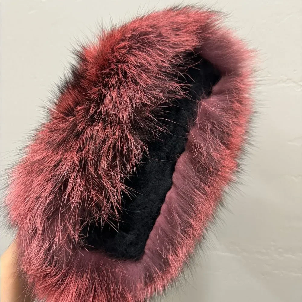 Maroon Handmade Dyed Real Fox Fur Bag With Fur Handle Includes 2 Strap Styles